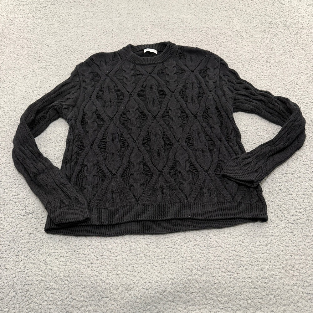 Zara Sweater Mens Medium Black Cable Knit Distressed Open Weave Cotton